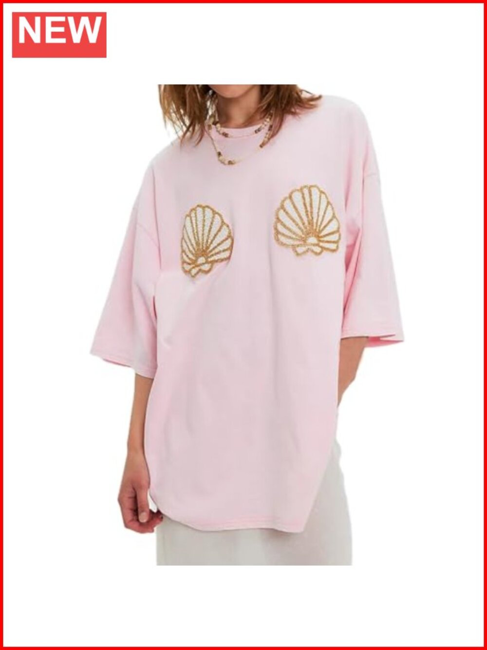 Beaded Seashell Oversized Graphic Tee Beachy Baggy T-Shirt Women